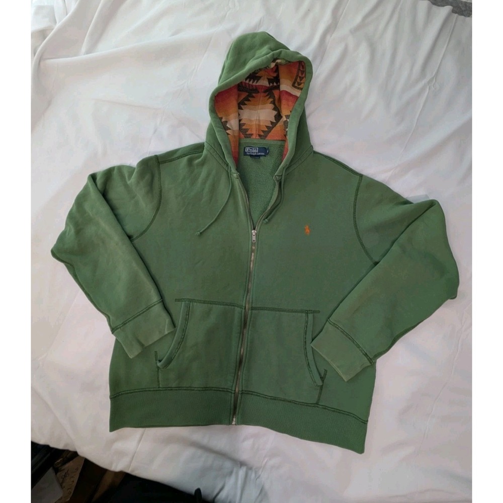 VTG Polo Ralph Lauren Aztec Hoodie Hoody Jacket Forest Green Men's Size Large XL